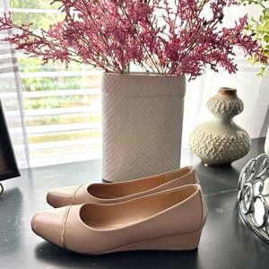 Anne Klein nude low wedge with gold accents